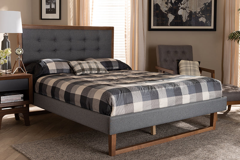 Baxton Studio Emele Modern Transitional Dark Grey Fabric Upholstered and Ash Walnut Brown Finished Wood Full Size Platform Bed | Modishstore | Beds