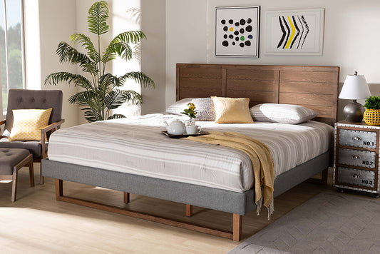 Baxton Studio Gabriela Rustic Modern Dark Grey Fabric Upholstered and Ash Walnut Brown Finished Wood King Size Platform Bed | Modishstore | Beds