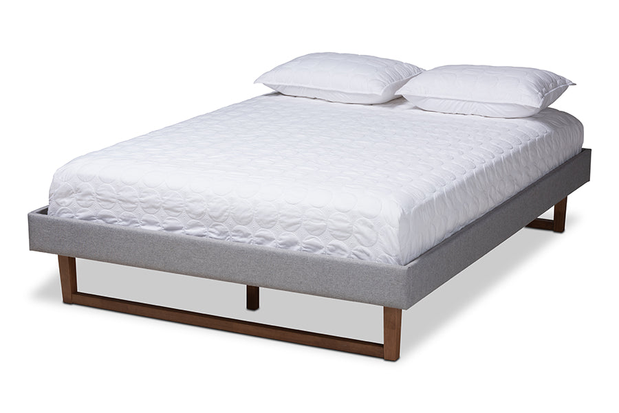 baxton studio liliya mid century modern light grey fabric upholstered walnut brown finished wood full size platform bed frame | Modish Furniture Store-2