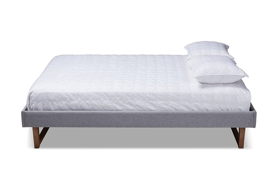 baxton studio liliya mid century modern light grey fabric upholstered walnut brown finished wood full size platform bed frame | Modish Furniture Store-3