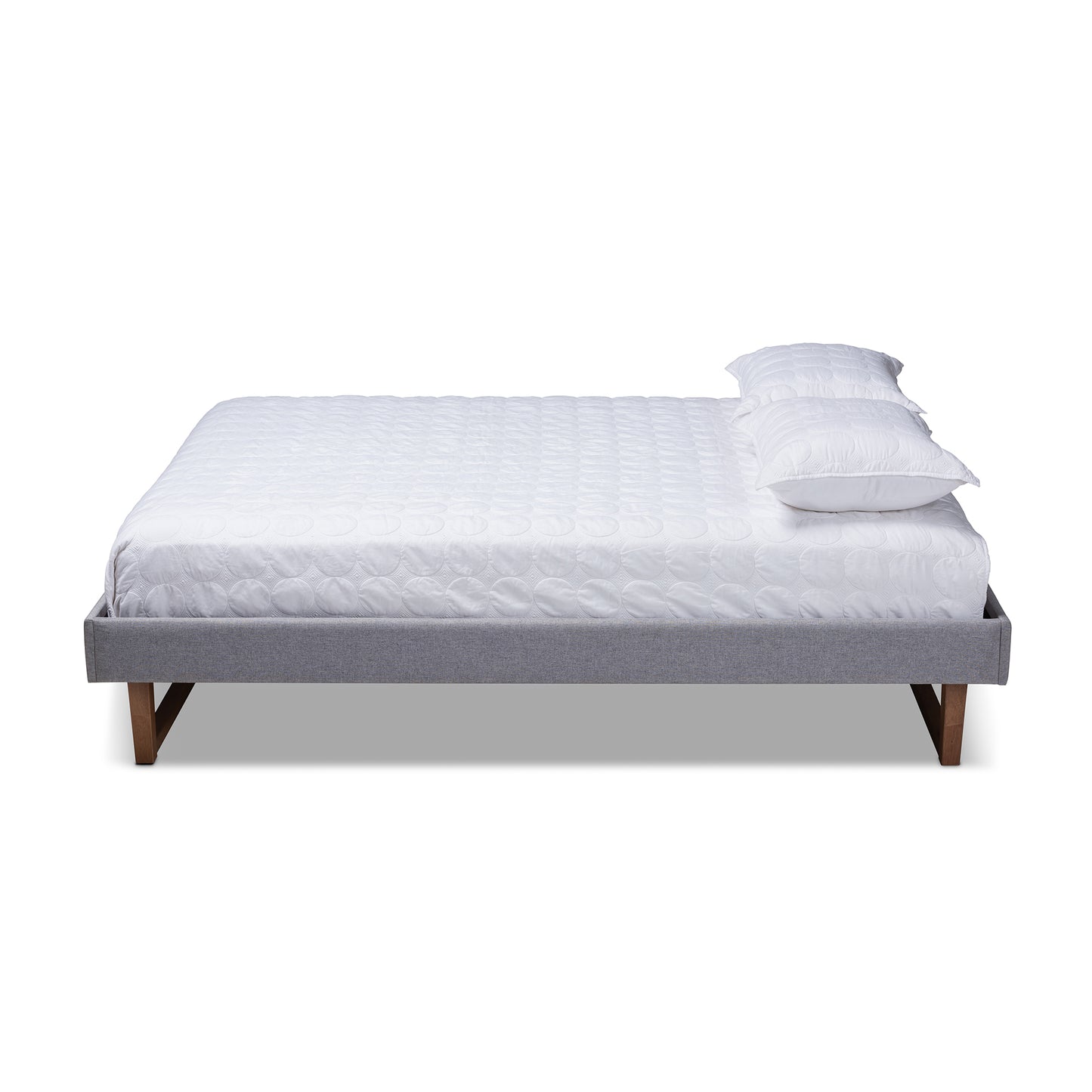 Baxton Studio Liliya Mid-Century Modern Light Grey Fabric Upholstered Walnut Brown Finished Wood Queen Size Platform Bed Frame | Beds | Modishstore - 2