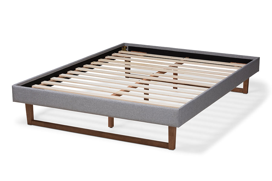 Baxton Studio Liliya Mid-Century Modern Light Grey Fabric Upholstered Walnut Brown Finished Wood Queen Size Platform Bed Frame | Beds | Modishstore - 7