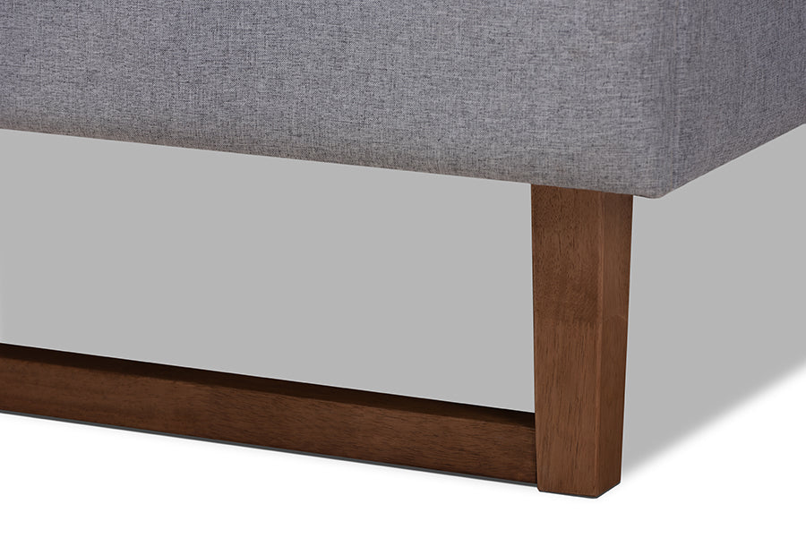 Baxton Studio Liliya Mid-Century Modern Light Grey Fabric Upholstered Walnut Brown Finished Wood Queen Size Platform Bed Frame | Beds | Modishstore - 5