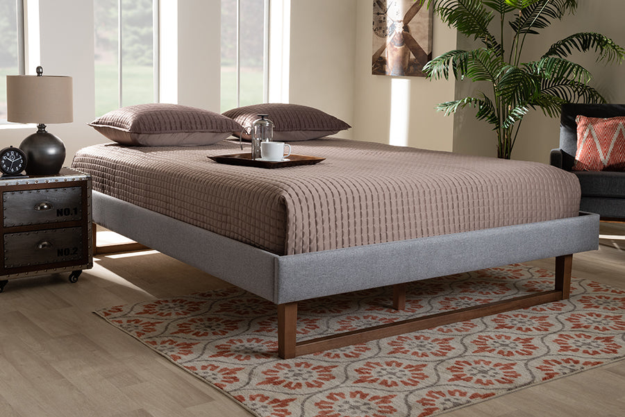 Baxton Studio Liliya Mid-Century Modern Light Grey Fabric Upholstered Walnut Brown Finished Wood Full Size Platform Bed Frame | Modishstore | Beds