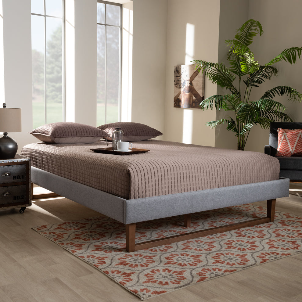 Baxton Studio Liliya Mid-Century Modern Light Grey Fabric Upholstered Walnut Brown Finished Wood King Size Platform Bed Frame | Beds | Modishstore - 2