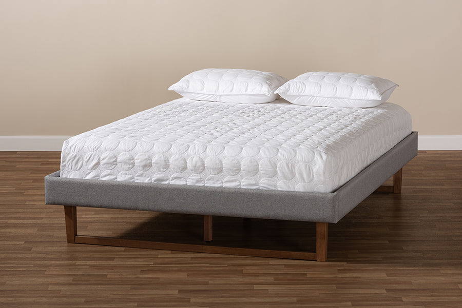 Baxton Studio Liliya Mid-Century Modern Light Grey Fabric Upholstered Walnut Brown Finished Wood Queen Size Platform Bed Frame | Beds | Modishstore - 3