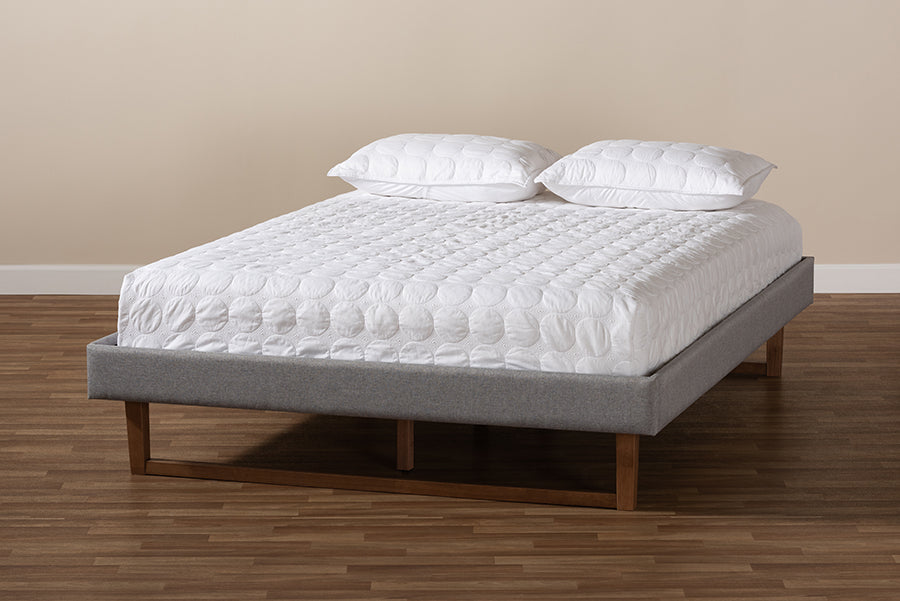 Baxton Studio Liliya Mid-Century Modern Light Grey Fabric Upholstered Walnut Brown Finished Wood King Size Platform Bed Frame | Beds | Modishstore - 3