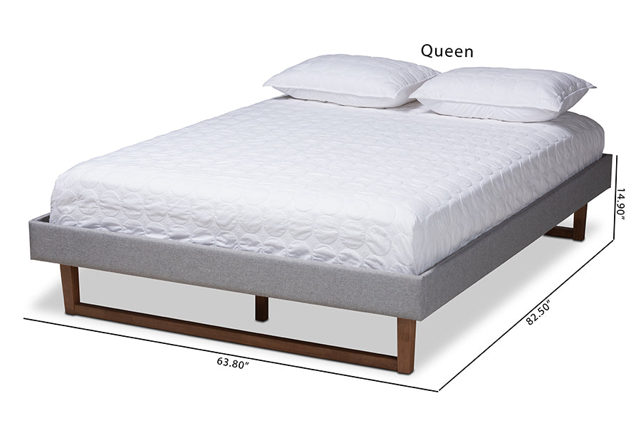 Baxton Studio Liliya Mid-Century Modern Light Grey Fabric Upholstered Walnut Brown Finished Wood Queen Size Platform Bed Frame | Beds | Modishstore - 6