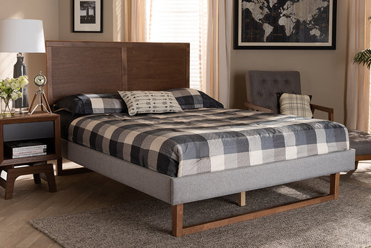 Baxton Studio Eloise Rustic Modern Light Grey Fabric Upholstered and Ash Walnut Brown Finished Wood King Size Platform Bed | Beds | Modishstore