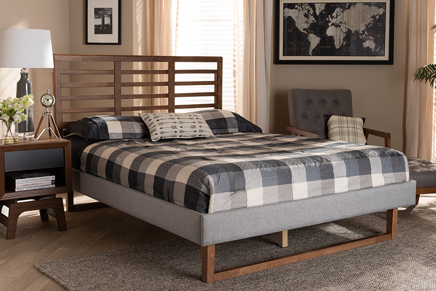 Baxton Studio Luciana Modern and Contemporary Light Grey Fabric Upholstered and Ash Walnut Brown Finished Wood King Size Platform Bed | Modishstore | Beds