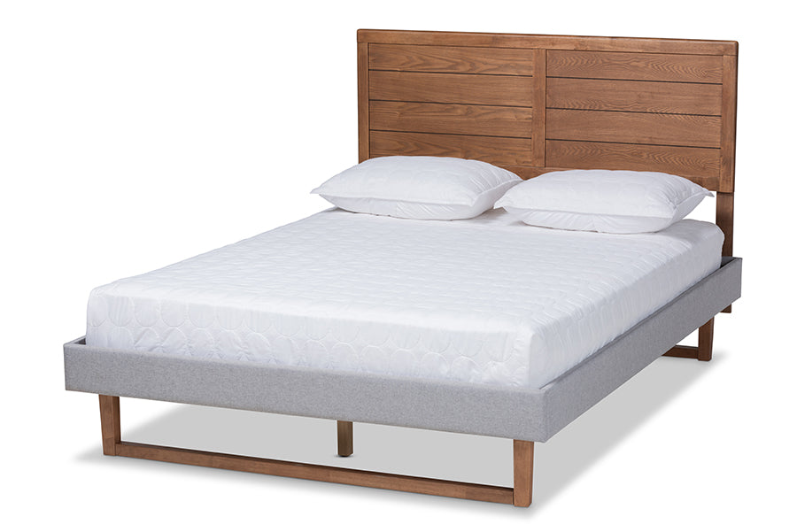 Baxton Studio Claudia Rustic Modern Light Grey Fabric Upholstered and Walnut Brown Finished Wood Queen Size Platform Bed | Beds | Modishstore - 4