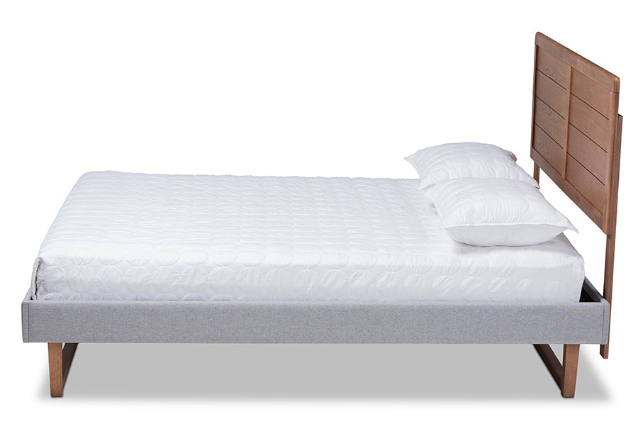 Baxton Studio Claudia Rustic Modern Light Grey Fabric Upholstered and Walnut Brown Finished Wood Queen Size Platform Bed | Beds | Modishstore - 2