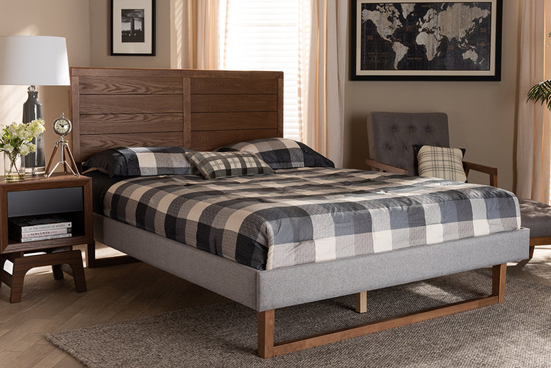 Baxton Studio Claudia Rustic Modern Light Grey Fabric Upholstered and Walnut Brown Finished Wood King Size Platform Bed | Modishstore | Beds