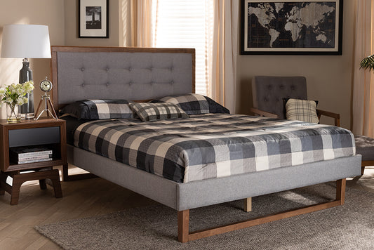 Baxton Studio Livinia Modern Transitional Light Grey Fabric Upholstered and Ash Walnut Brown Finished Wood Queen Size Platform Bed | Beds | Modishstore