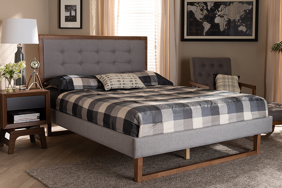 Baxton Studio Livinia Modern Transitional Light Grey Fabric Upholstered and Ash Walnut Brown Finished Wood Full Size Platform Bed | Modishstore | Beds