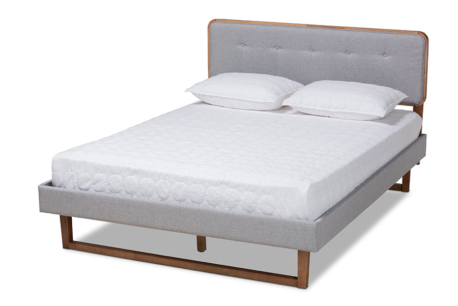 baxton studio sofia mid century modern light grey fabric upholstered and ash walnut finished wood king size platform bed | Modish Furniture Store-2