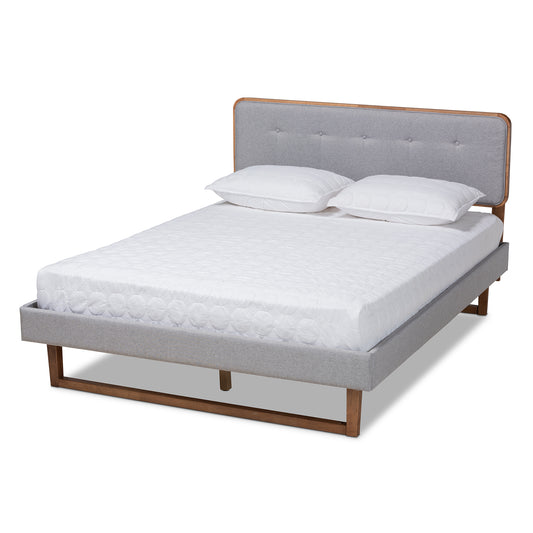 Baxton Studio Sofia Mid-Century Modern Light Grey Fabric Upholstered and Ash Walnut Finished Wood Full Size Platform Bed | Beds | Modishstore