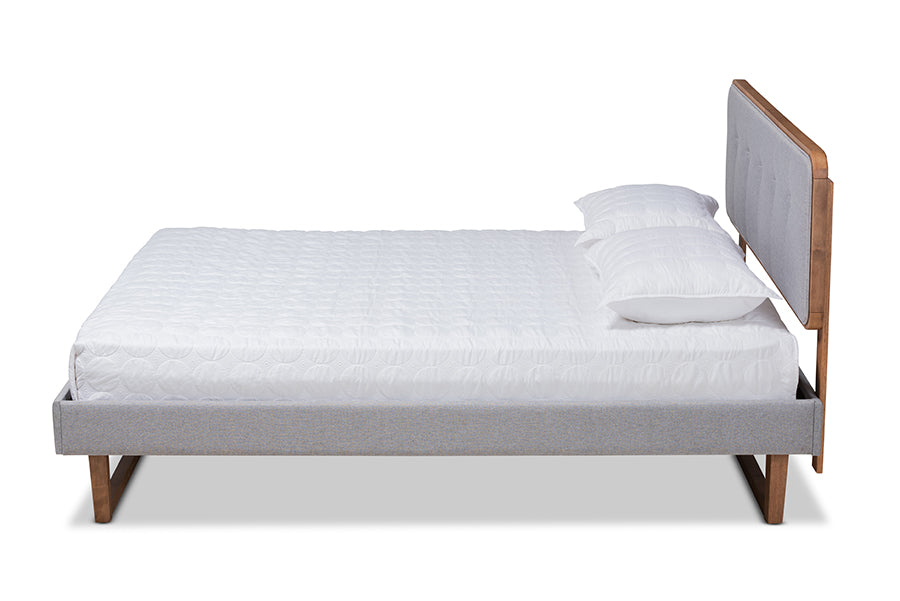 Baxton Studio Sofia Mid-Century Modern Light Grey Fabric Upholstered and Ash Walnut Finished Wood Queen Size Platform Bed | Beds | Modishstore - 3