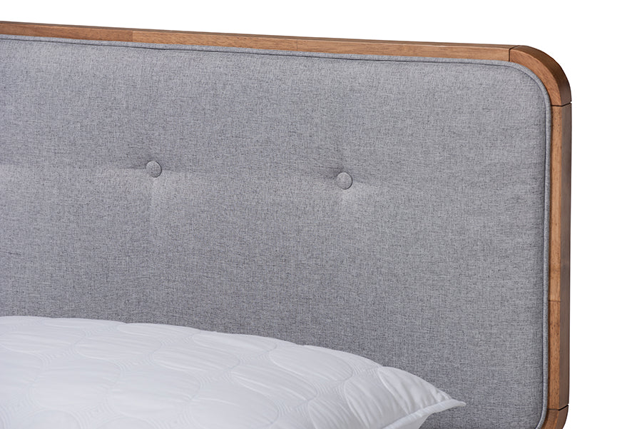 Baxton Studio Sofia Mid-Century Modern Light Grey Fabric Upholstered and Ash Walnut Finished Wood Full Size Platform Bed | Beds | Modishstore - 5