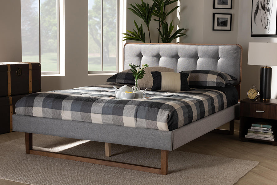 Baxton Studio Sofia Mid-Century Modern Light Grey Fabric Upholstered and Ash Walnut Finished Wood King Size Platform Bed | Modishstore | Beds
