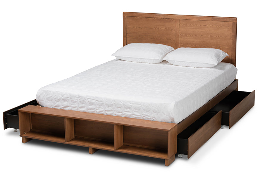 Baxton Studio Saffron Modern and Contemporary Walnut Brown Finished Wood Full Size 4-Drawer Platform Storage Bed