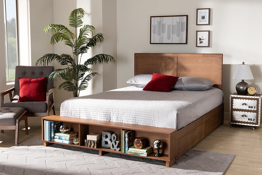 Baxton Studio Tamsin Modern Transitional Ash Walnut Brown Finished Wood Full Size 4-Drawer Platform Storage Bed with Built-In Shelves | Modishstore | Beds