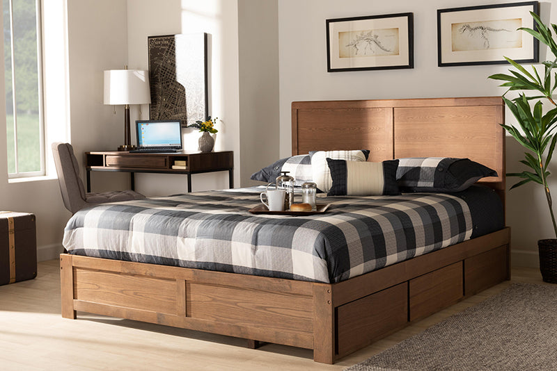 Baxton Studio Aras Modern and Contemporary Transitional Ash Walnut Brown Finished Wood Queen Size 3-Drawer Platform Storage Bed | Modishstore | Beds