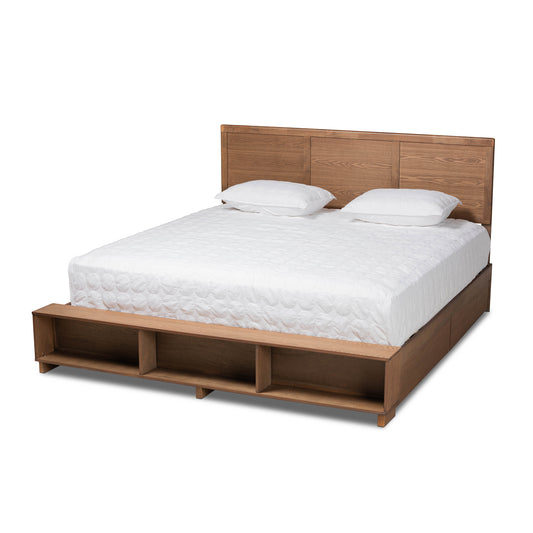 Baxton Studio Tamsin Modern Transitional Ash Walnut Brown Finished Wood King Size 4-Drawer Platform Storage Bed with Built-In Shelves | Beds | Modishstore