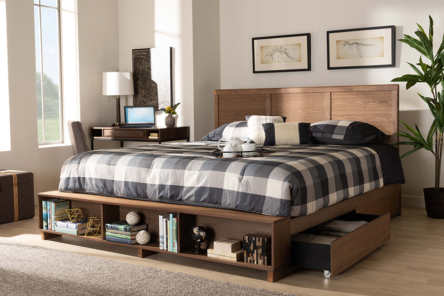 Baxton Studio Tamsin Modern Transitional Ash Walnut Brown Finished Wood King Size 4-Drawer Platform Storage Bed with Built-In Shelves | Beds | Modishstore - 2
