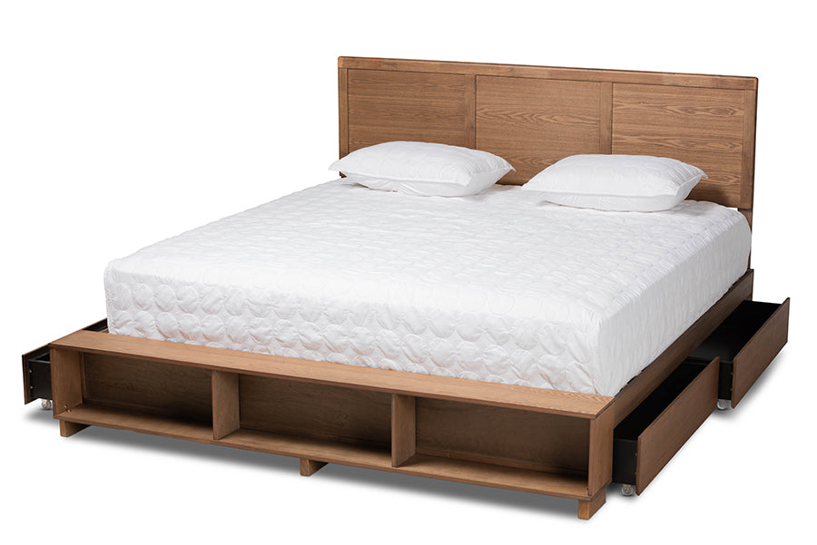 Baxton Studio Tamsin Modern Transitional Ash Walnut Brown Finished Wood King Size 4-Drawer Platform Storage Bed with Built-In Shelves | Beds | Modishstore - 7