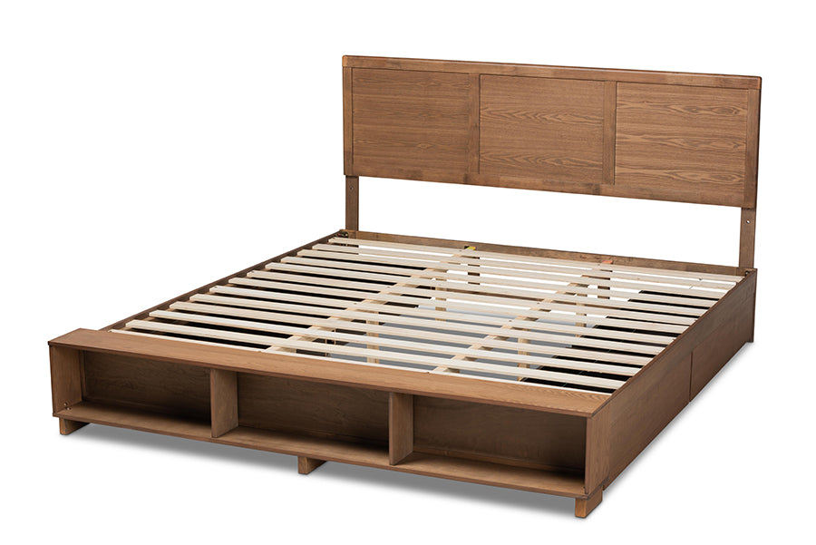 Baxton Studio Tamsin Modern Transitional Ash Walnut Brown Finished Wood King Size 4-Drawer Platform Storage Bed with Built-In Shelves | Beds | Modishstore - 9