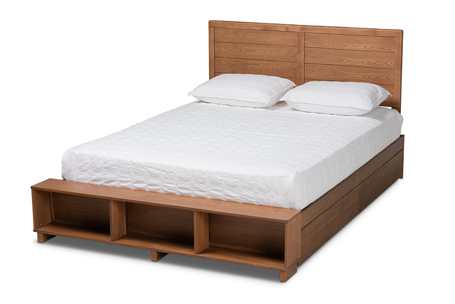 baxton studio alba modern transitional ash walnut brown finished wood queen size 4 drawer platform storage bed with built in shelves | Modish Furniture Store-2