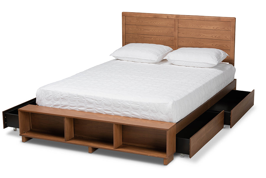 baxton studio alba modern transitional ash walnut brown finished wood queen size 4 drawer platform storage bed with built in shelves | Modish Furniture Store-3