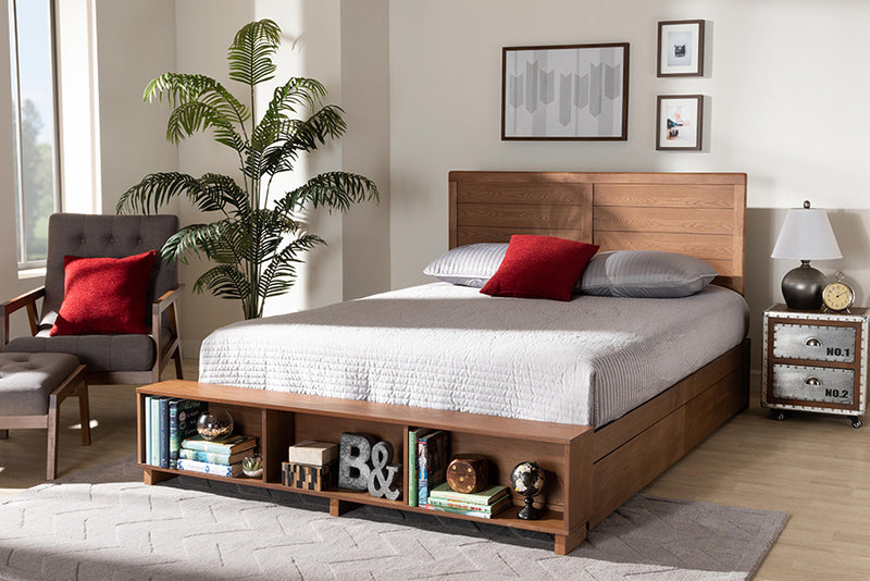 Baxton Studio Alba Modern Transitional Ash Walnut Brown Finished Wood Queen Size 4-Drawer Platform Storage Bed with Built-In Shelves | Modishstore | Beds
