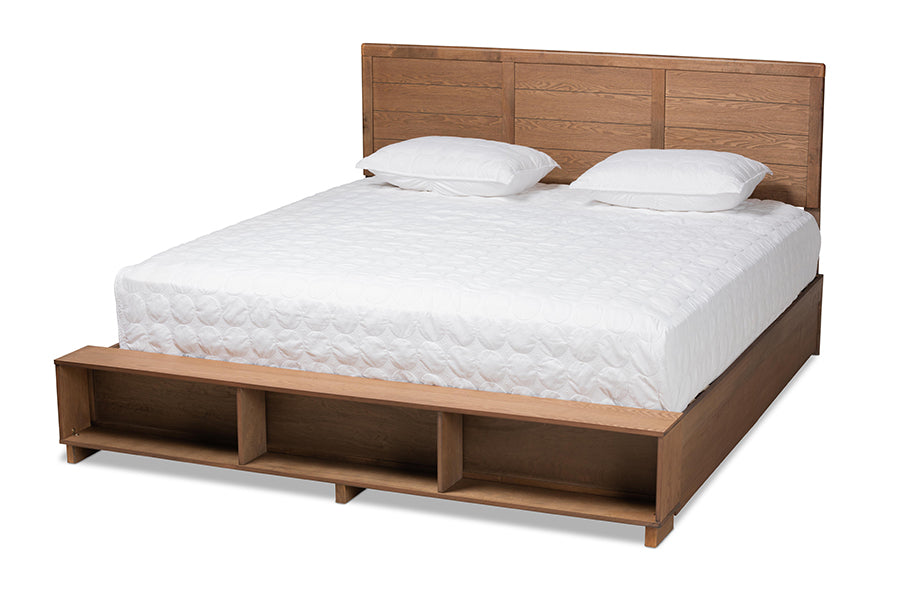 baxton studio alba modern transitional ash walnut brown finished wood king size 4 drawer platform storage bed with built in shelves | Modish Furniture Store-2