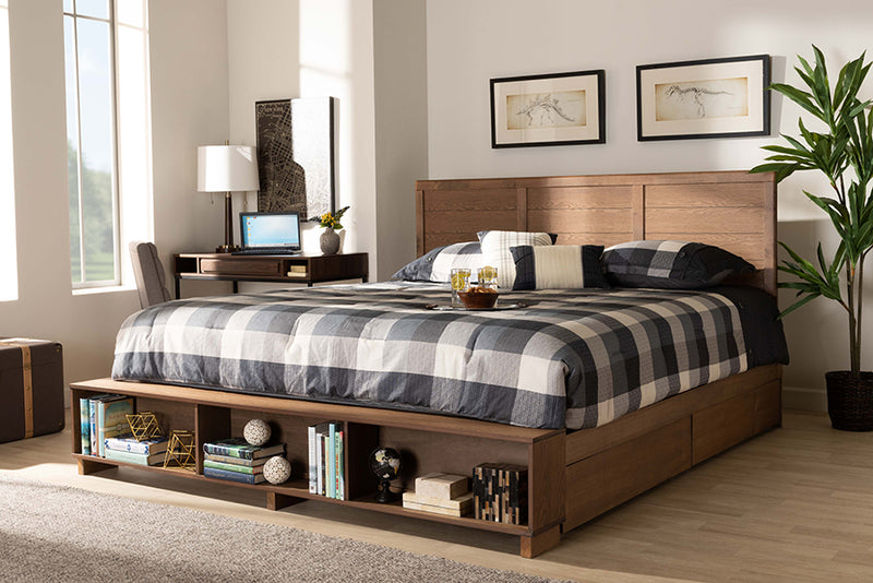 Baxton Studio Alba Modern Transitional Ash Walnut Brown Finished Wood King Size 4-Drawer Platform Storage Bed with Built-In Shelves | Modishstore | Beds