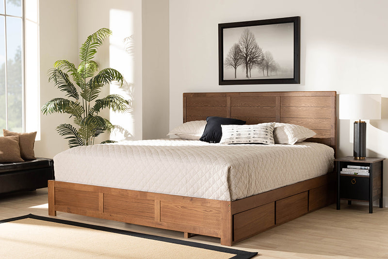 Baxton Studio Lisa Modern and Contemporary Transitional Ash Walnut Brown Finished Wood King Size 3-Drawer Platform Storage Bed | Modishstore | Beds