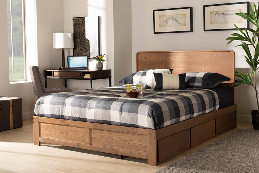 Baxton Studio Eleni Modern and Contemporary Transitional Dark Grey Fabric Upholstered and Ash Walnut Brown Finished Wood Full Size 3-Drawer Platform Storage Bed | Modishstore | Beds