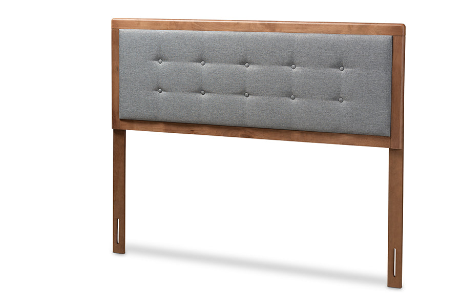 baxton studio sarine mid century modern dark grey fabric upholstered walnut brown finished wood queen size headboard | Modish Furniture Store-2