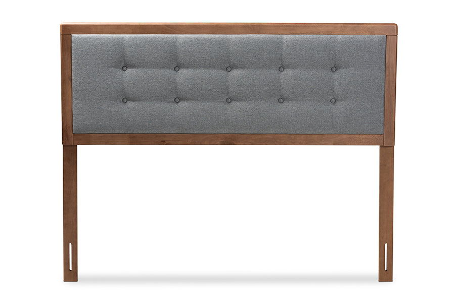 baxton studio sarine mid century modern dark grey fabric upholstered walnut brown finished wood queen size headboard | Modish Furniture Store-3
