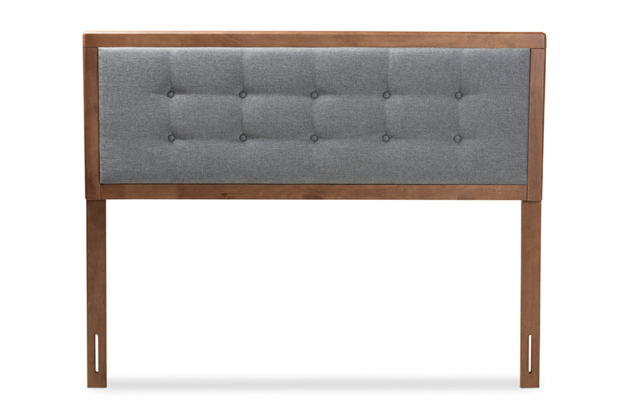 baxton studio sarine mid century modern dark grey fabric upholstered walnut brown finished wood full size headboard | Modish Furniture Store-3