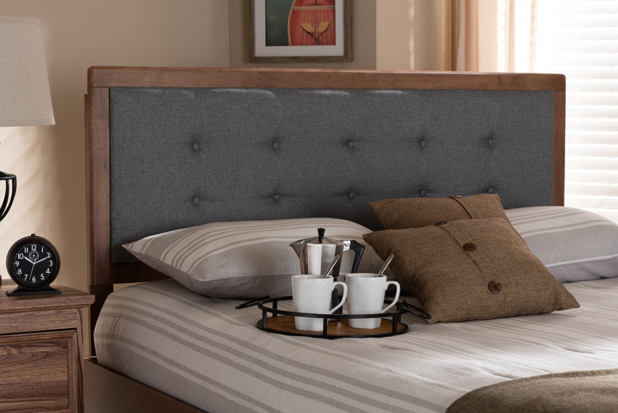 Baxton Studio Sarine Mid-Century Modern Dark Grey Fabric Upholstered Walnut Brown Finished Wood Full Size Headboard | Modishstore | Headboards