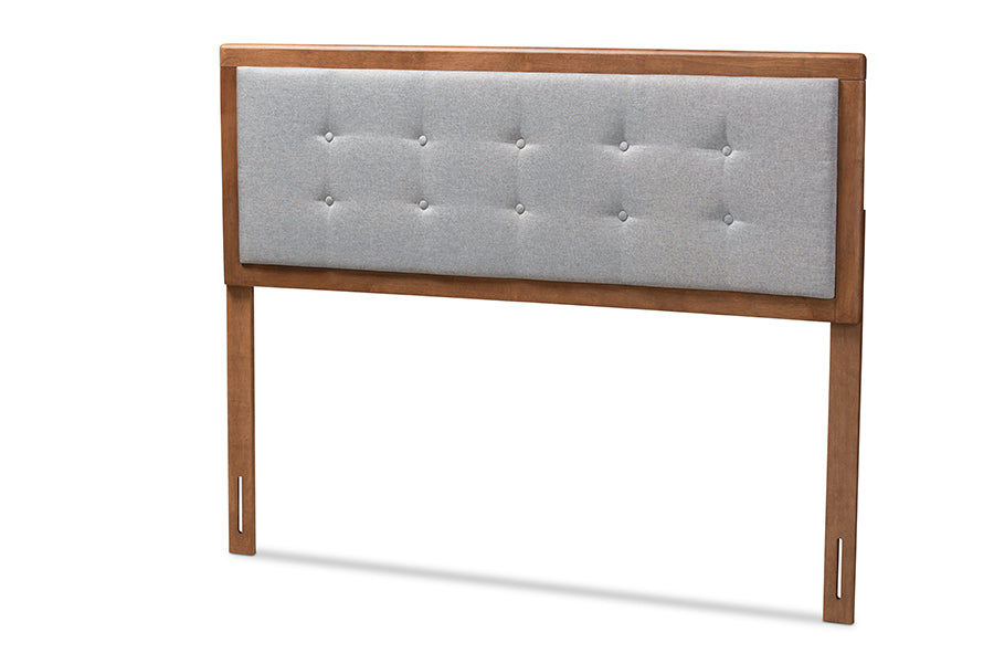 baxton studio sarine mid century modern light grey fabric upholstered walnut brown finished wood full size headboard | Modish Furniture Store-2