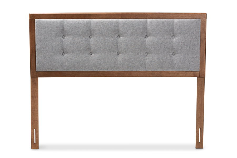 baxton studio sarine mid century modern light grey fabric upholstered walnut brown finished wood full size headboard | Modish Furniture Store-3