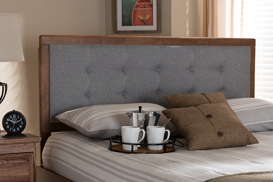 Baxton Studio Sarine Mid-Century Modern Light Grey Fabric Upholstered Walnut Brown Finished Wood Queen Size Headboard | Modishstore | Headboards