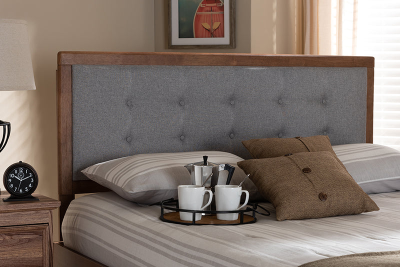 Baxton Studio Sarine Mid-Century Modern Light Grey Fabric Upholstered Walnut Brown Finished Wood Full Size Headboard | Modishstore | Headboards