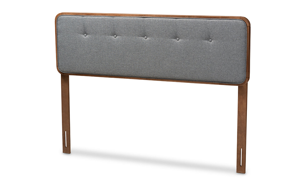 baxton studio palina mid century modern dark grey fabric upholstered walnut brown finished wood king size headboard | Modish Furniture Store-2