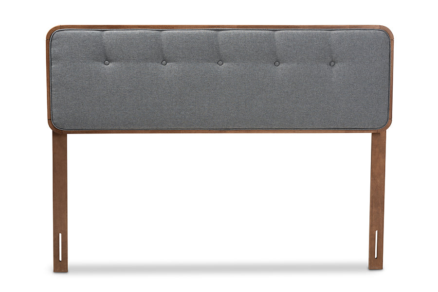 baxton studio palina mid century modern dark grey fabric upholstered walnut brown finished wood king size headboard | Modish Furniture Store-3