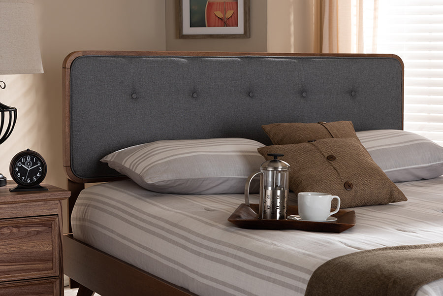 Baxton Studio Palina Mid-Century Modern Dark Grey Fabric Upholstered Walnut Brown Finished Wood King Size Headboard | Modishstore | Headboards