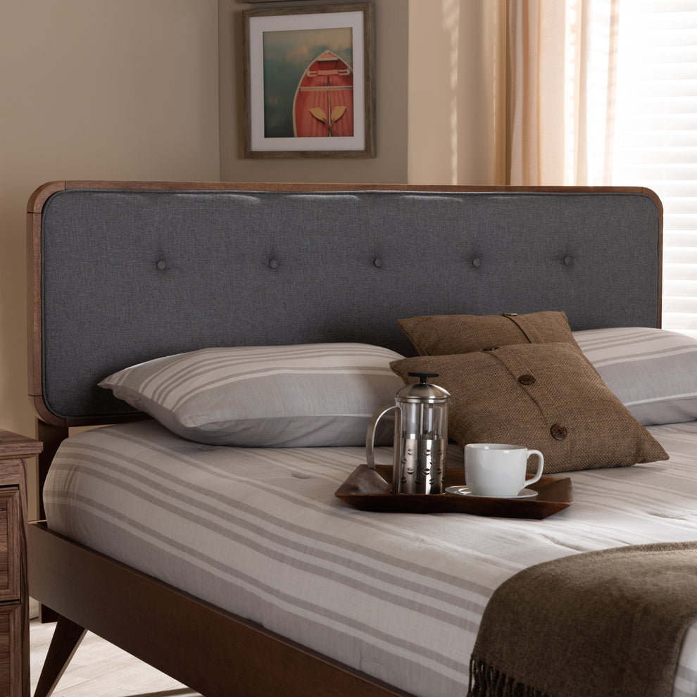 Baxton Studio Palina Mid-Century Modern Dark Grey Fabric Upholstered Walnut Brown Finished Wood Full Size Headboard | Headboards | Modishstore - 2